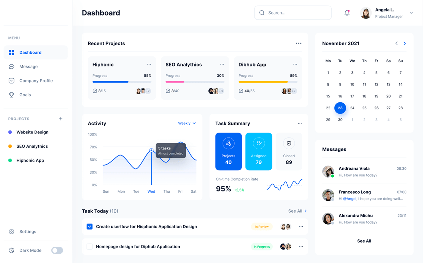 Project management dashboard with tasks and activity